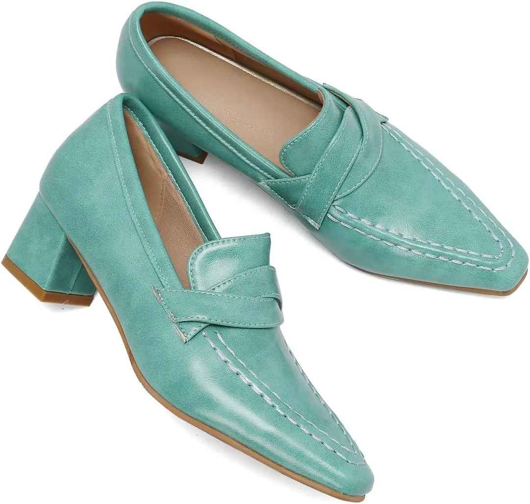 DINTAHA Pointed Toe Chunky Heeled Loafers for Women Slip-On Pumps Dressy Business Casual Dress Shoes
