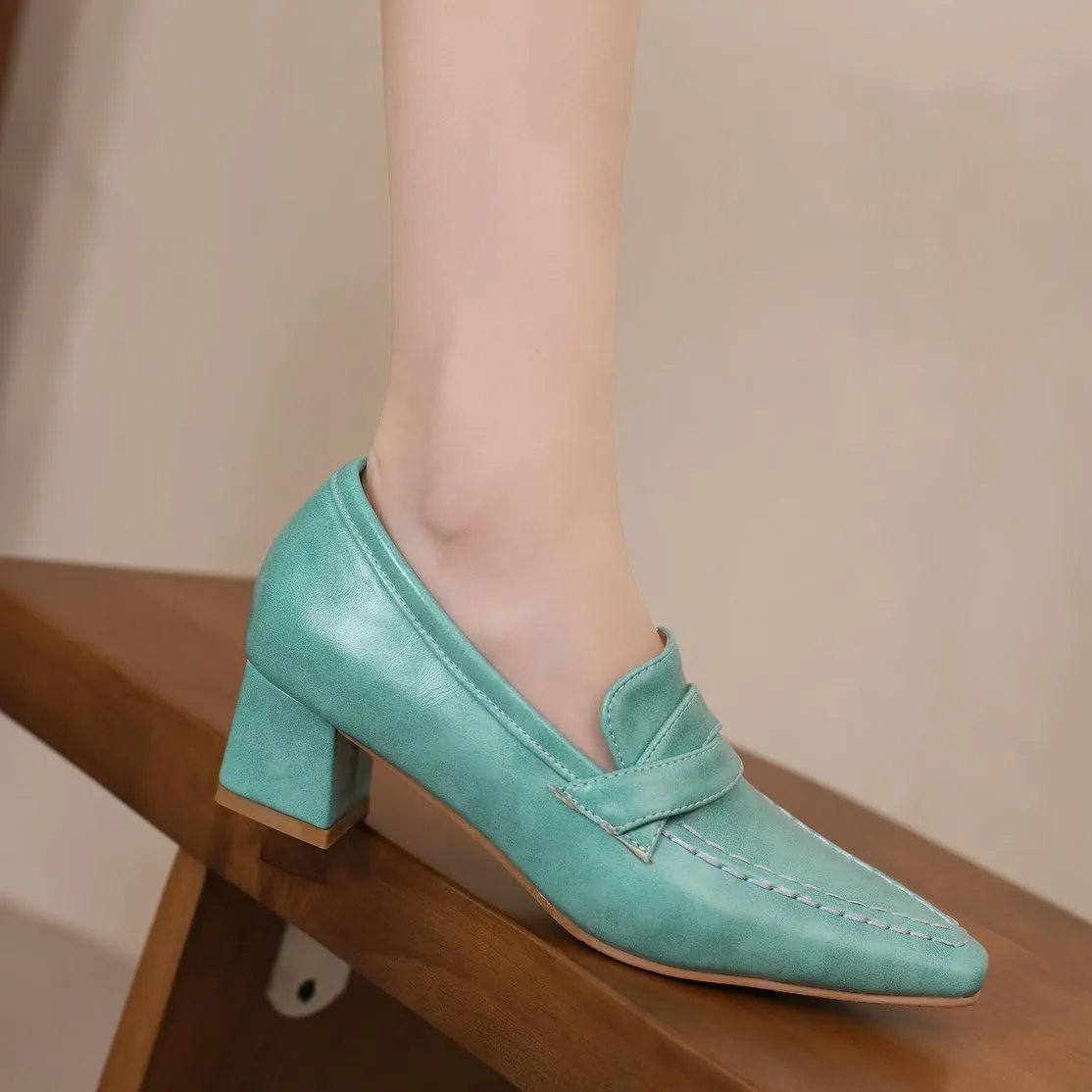DINTAHA Pointed Toe Chunky Heeled Loafers for Women Slip-On Pumps Dressy Business Casual Dress Shoes