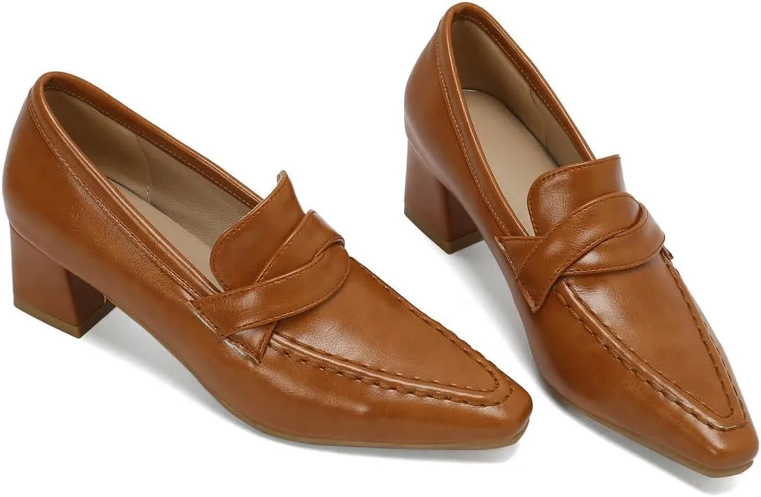DINTAHA Pointed Toe Chunky Heeled Loafers for Women Slip-On Pumps Dressy Business Casual Dress Shoes