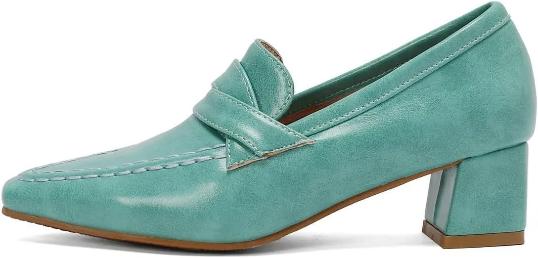 DINTAHA Pointed Toe Chunky Heeled Loafers for Women Slip-On Pumps Dressy Business Casual Dress Shoes