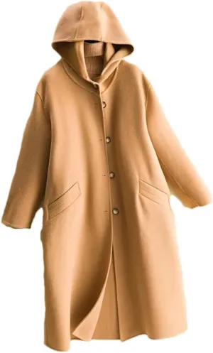 Disimlarl Women Wool Warm Woolen Coat Hooded Long Coat Wool Blends Overcoat Outerwear