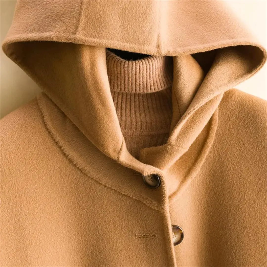 Disimlarl Women Wool Warm Woolen Coat Hooded Long Coat Wool Blends Overcoat Outerwear
