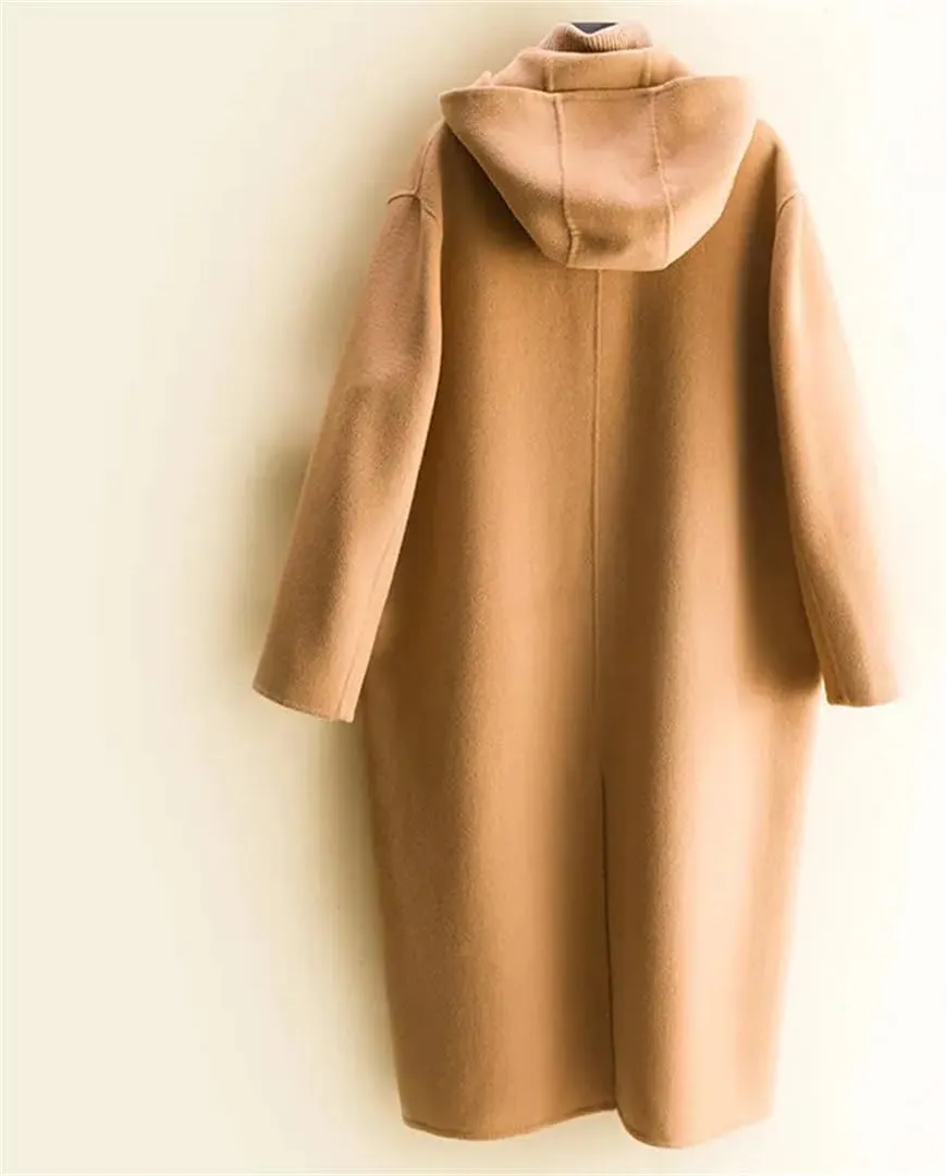 Disimlarl Women Wool Warm Woolen Coat Hooded Long Coat Wool Blends Overcoat Outerwear