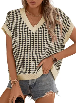 Dokotoo Womens Casual Summer Tops V Neck Short Sleeve Plaid Knit Vest Loose Fit Pullover Sweaters Blouses