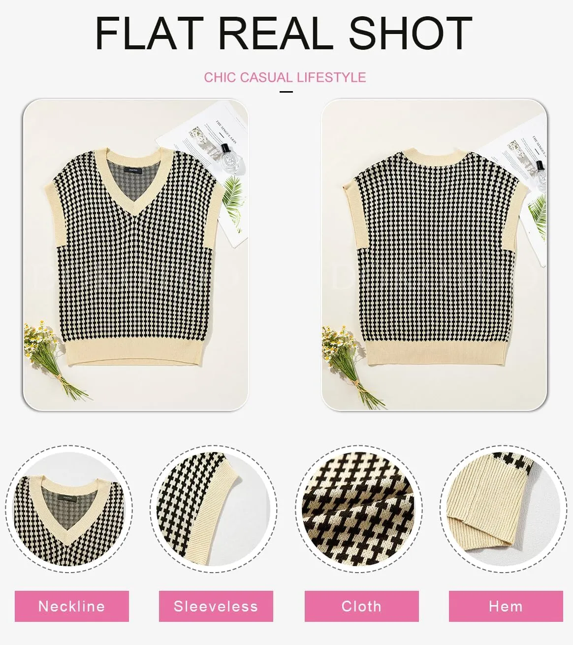 Dokotoo Womens Casual Summer Tops V Neck Short Sleeve Plaid Knit Vest Loose Fit Pullover Sweaters Blouses