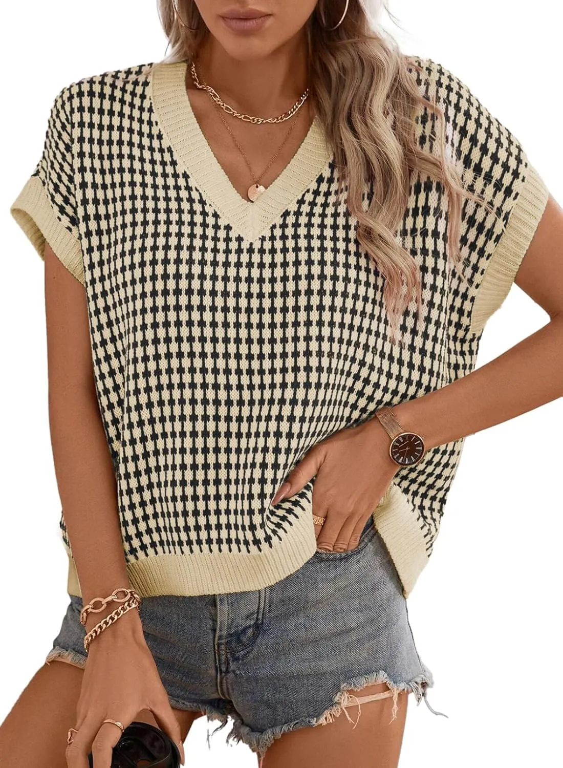 Dokotoo Womens Casual Summer Tops V Neck Short Sleeve Plaid Knit Vest Loose Fit Pullover Sweaters Blouses