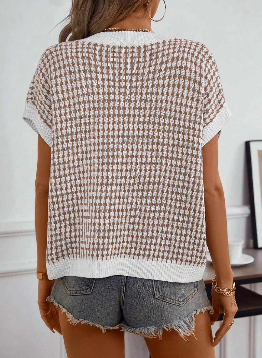 Dokotoo Womens Casual Summer Tops V Neck Short Sleeve Plaid Knit Vest Loose Fit Pullover Sweaters Blouses
