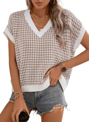 Dokotoo Womens Casual Summer Tops V Neck Short Sleeve Plaid Knit Vest Loose Fit Pullover Sweaters Blouses