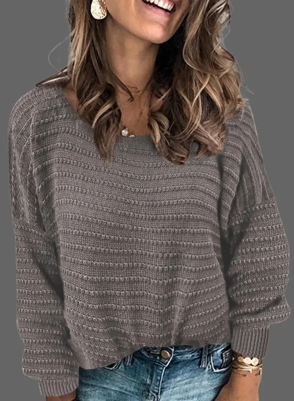 Dokotoo Womens Ribbed Knit Textured Drop Shoulder Long Sleeve Crew Neck Pullover Sweaters