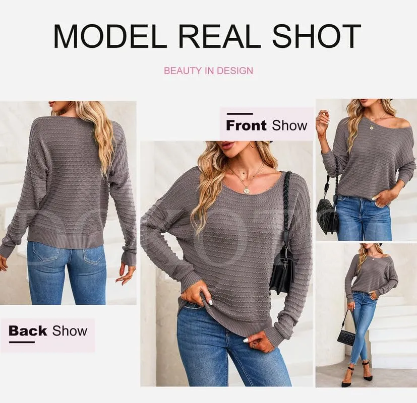 Dokotoo Womens Ribbed Knit Textured Drop Shoulder Long Sleeve Crew Neck Pullover Sweaters