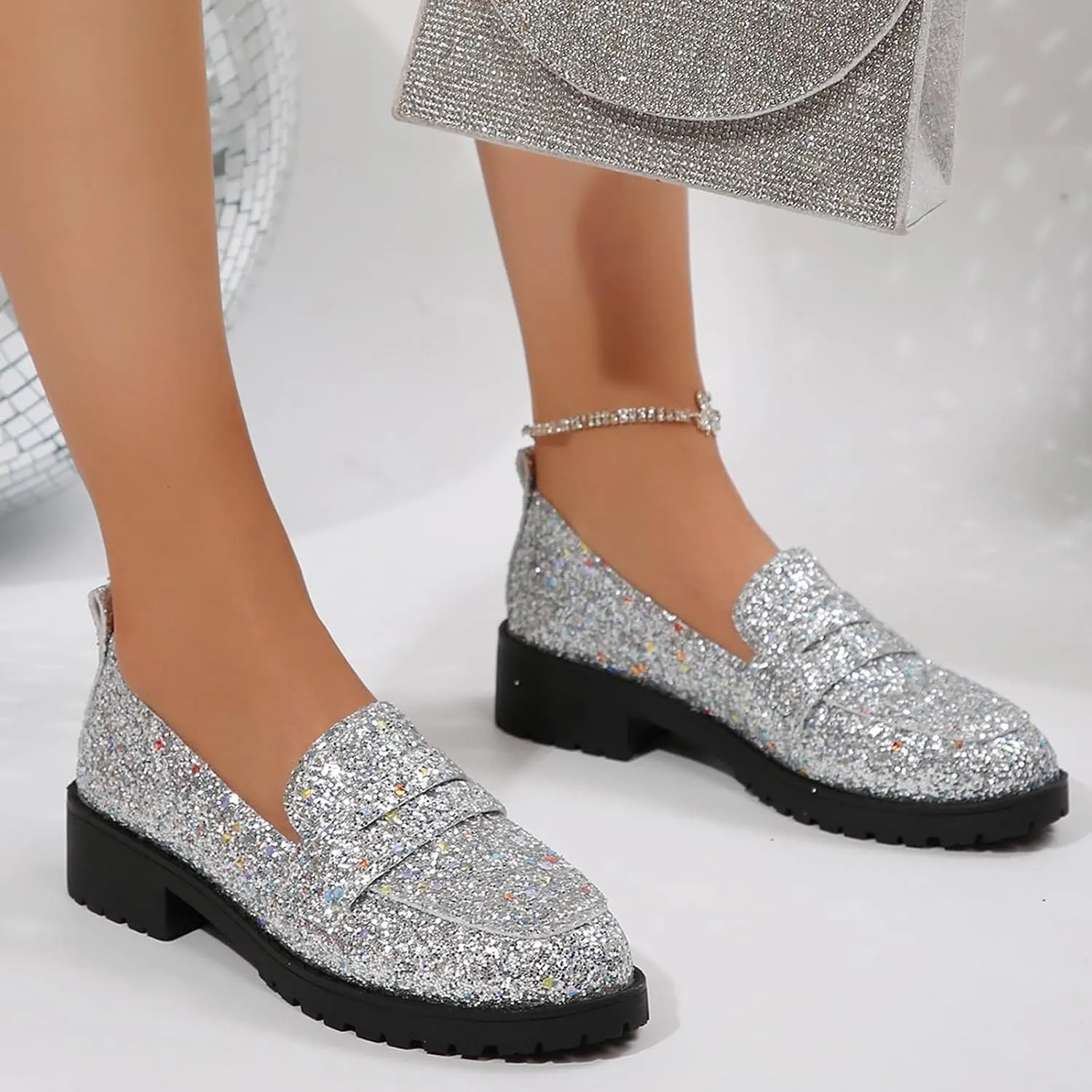 Dress Shoes Women Comfort Rhinestone Loafers Dressy Flats Shoe Casual Penny Loafers Slip On Work Shoes