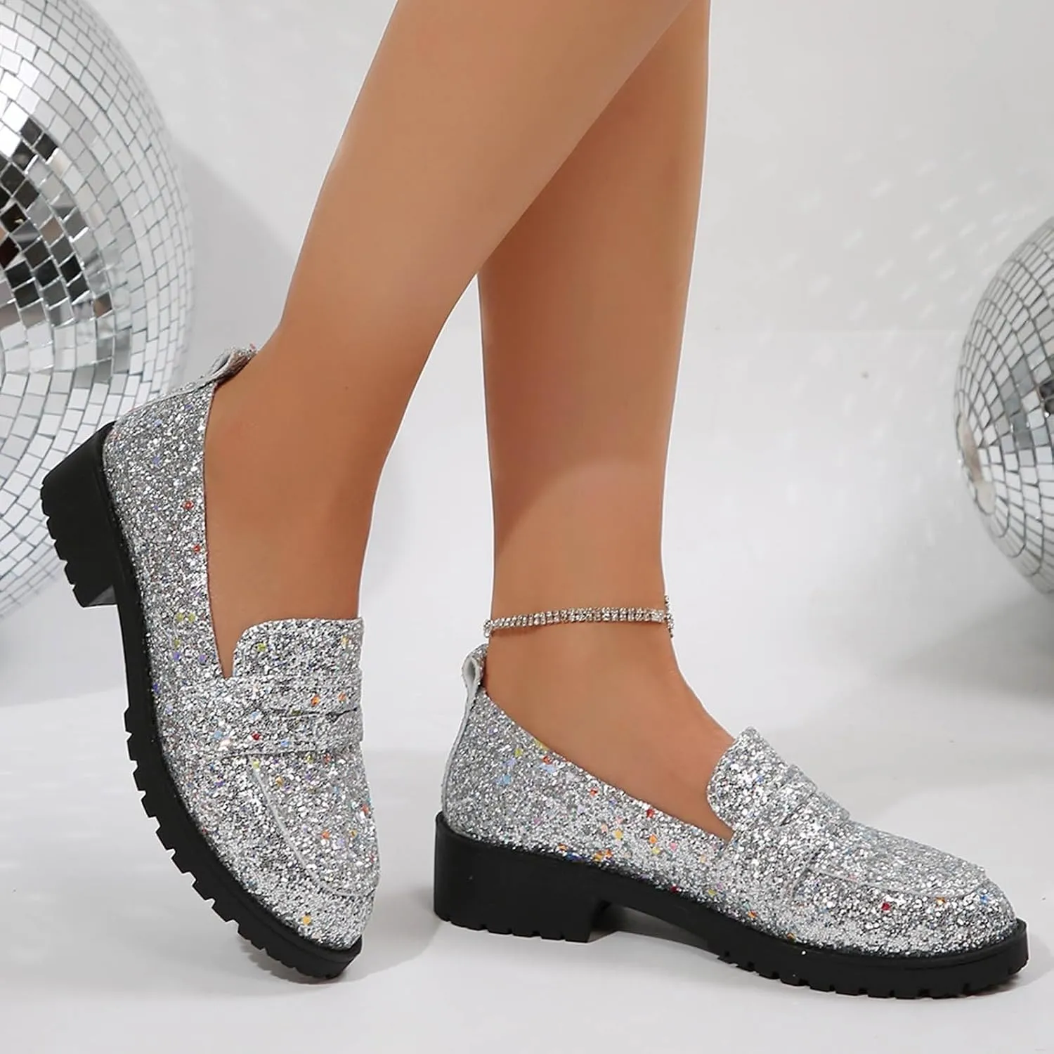 Dress Shoes Women Comfort Rhinestone Loafers Dressy Flats Shoe Casual Penny Loafers Slip On Work Shoes