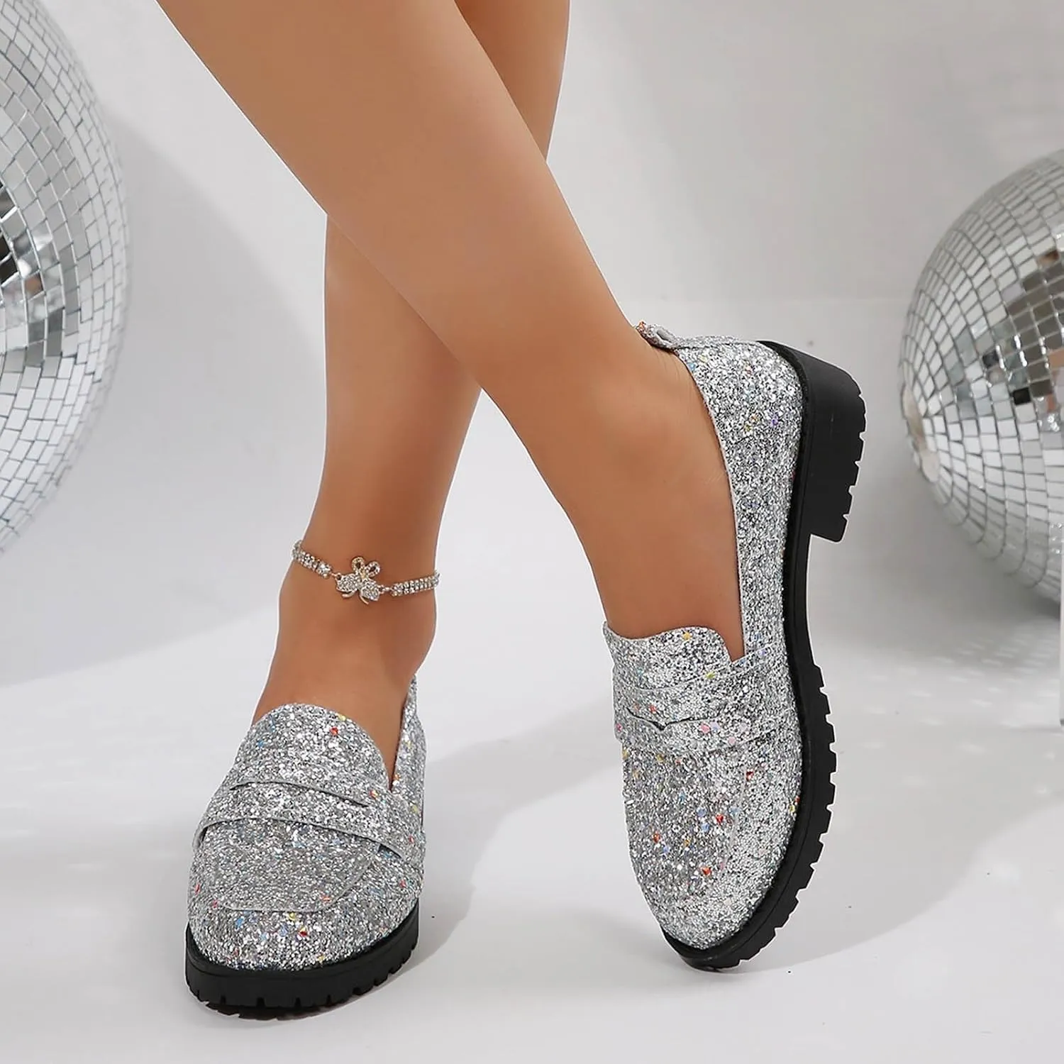 Dress Shoes Women Comfort Rhinestone Loafers Dressy Flats Shoe Casual Penny Loafers Slip On Work Shoes