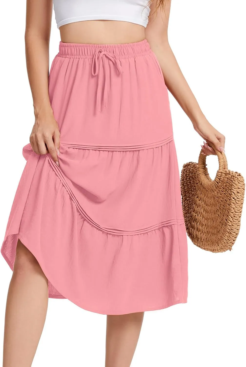 DRESSTELLS Women's Midi Skirts with Pockets Elastic High Waist Flowy Swing A Line Casual Long Skirt