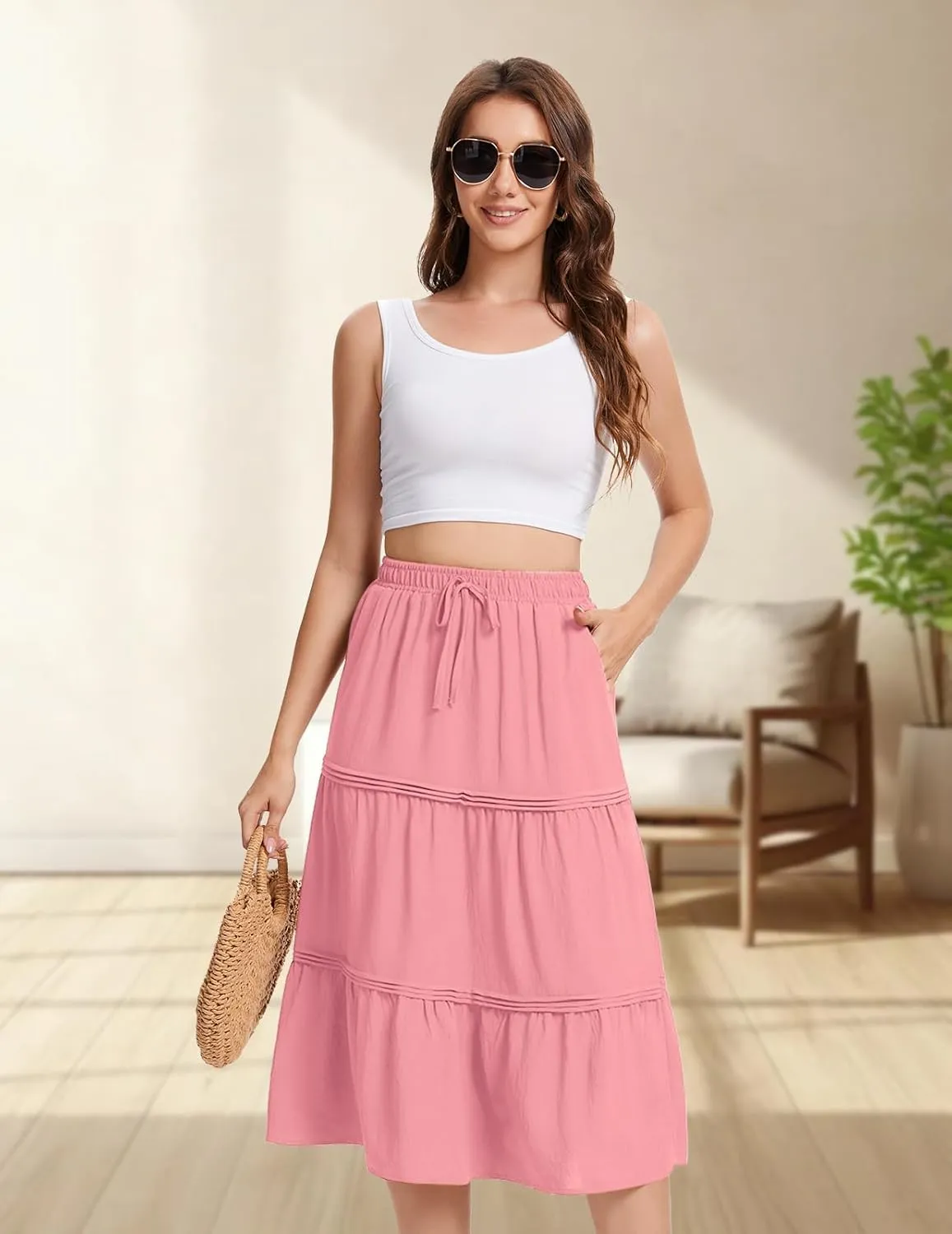 DRESSTELLS Women's Midi Skirts with Pockets Elastic High Waist Flowy Swing A Line Casual Long Skirt