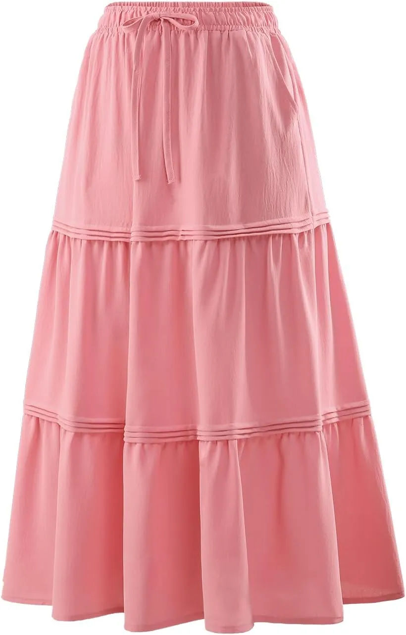 DRESSTELLS Women's Midi Skirts with Pockets Elastic High Waist Flowy Swing A Line Casual Long Skirt