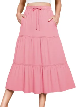 DRESSTELLS Women's Midi Skirts with Pockets Elastic High Waist Flowy Swing A Line Casual Long Skirt