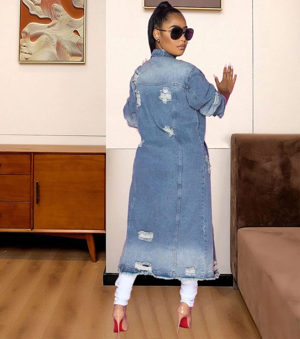ebossy Women's Ripped Out Distressed Washed Long Blue Denim Jacket Trench Coat