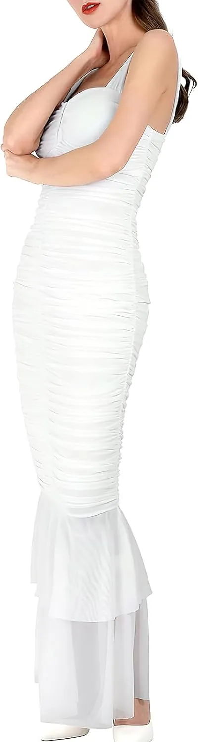 ebossy Women's Sexy Backless Zipper Pleated Ruffles Mermaid Fishtail Evening Party Bodycon Maxi Dress