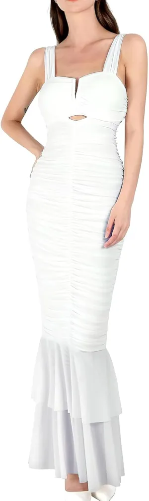 ebossy Women's Sexy Backless Zipper Pleated Ruffles Mermaid Fishtail Evening Party Bodycon Maxi Dress