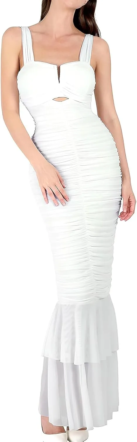 ebossy Women's Sexy Backless Zipper Pleated Ruffles Mermaid Fishtail Evening Party Bodycon Maxi Dress