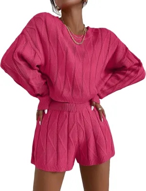 Ekouaer Knit Lounge Sets for Women 2 Piece Cozy Long Sleeve Pullover Sweater Top and Shorts Set Sweatsuit Outfits