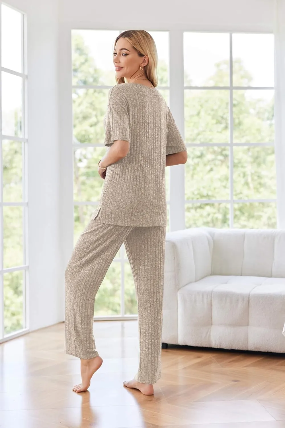 Ekouaer Womens Ribbed Knit Lounge Set Short Sleeve Top and Long Pants Sleepwear Pajama Set Two Piece Matching Outfits Set