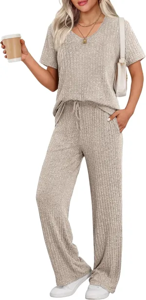 Ekouaer Womens Ribbed Knit Lounge Set Short Sleeve Top and Long Pants Sleepwear Pajama Set Two Piece Matching Outfits Set
