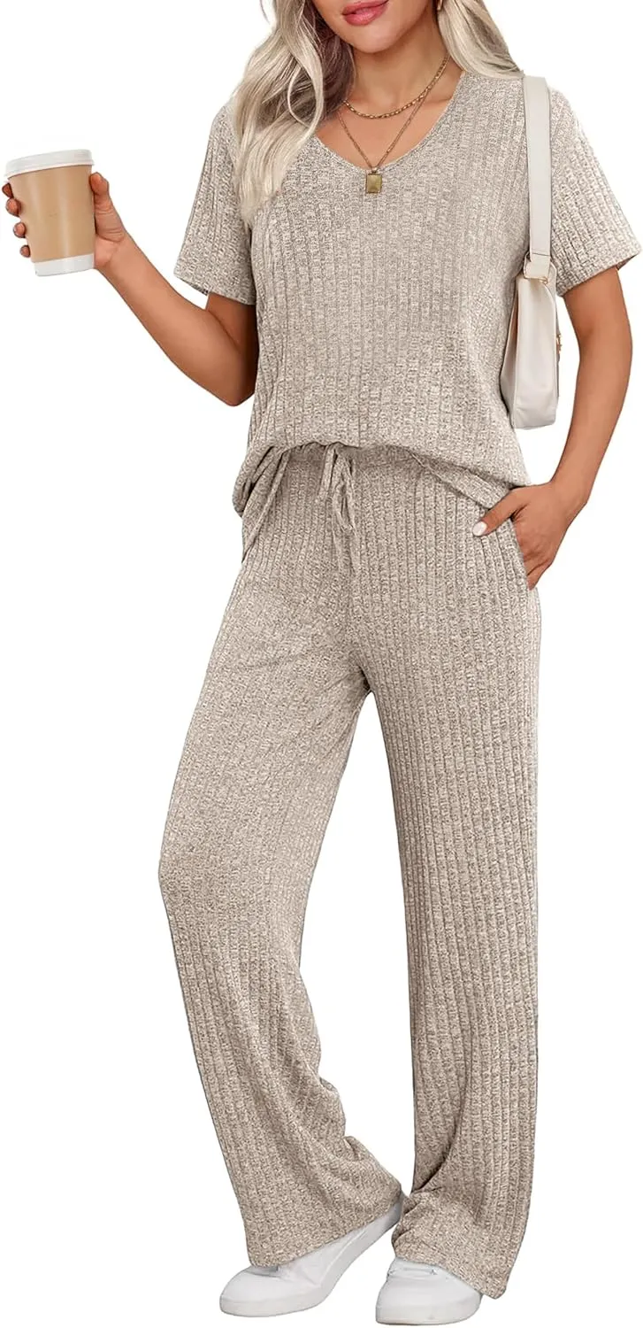 Ekouaer Womens Ribbed Knit Lounge Set Short Sleeve Top and Long Pants Sleepwear Pajama Set Two Piece Matching Outfits Set