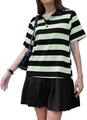ETCYY NEW Summer Dresses for Women 2025 Polo Collar Sport or Daily Mini Dress Striped Colorblock