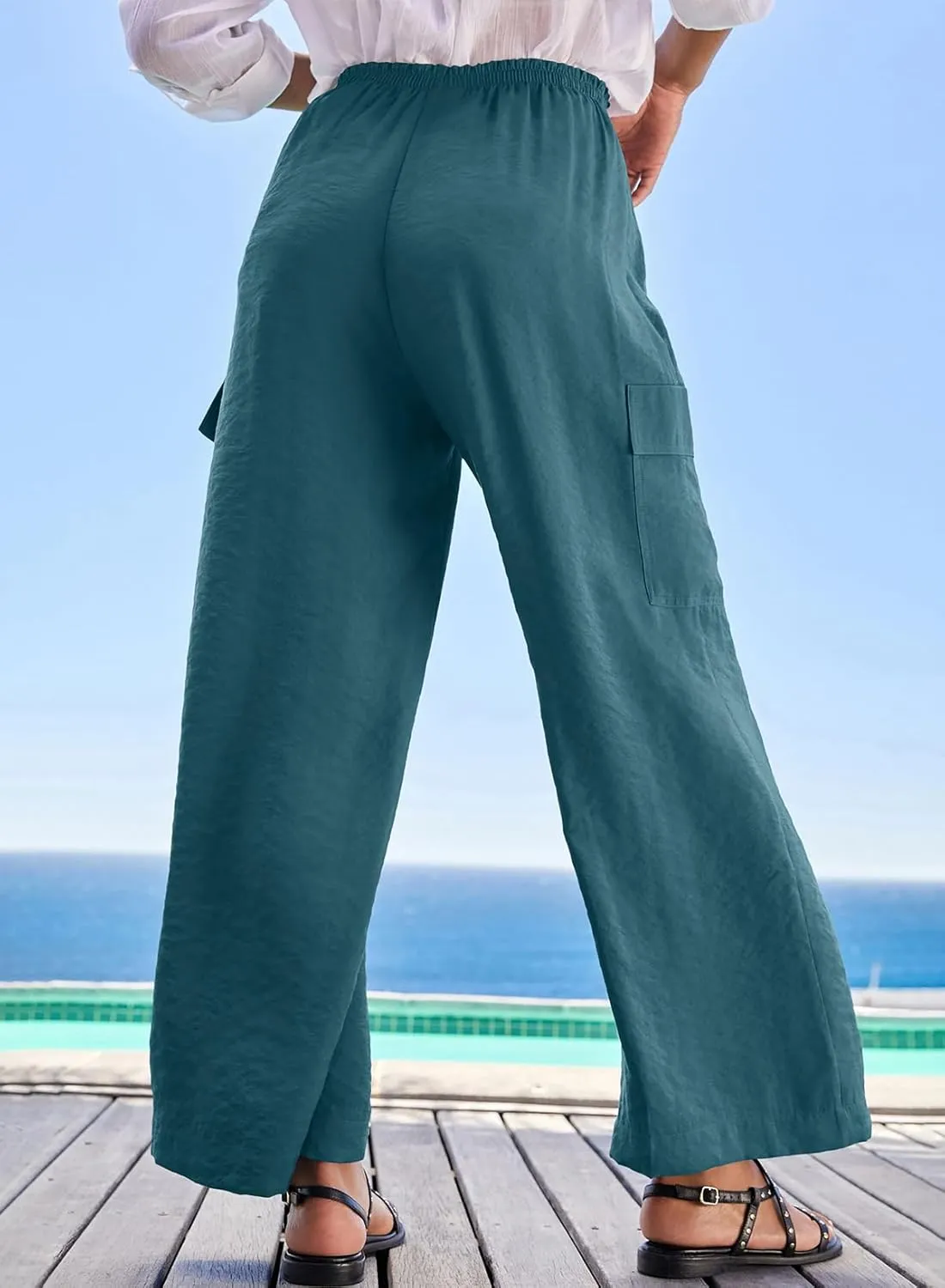 EVALESS Women Palazzo Pants Summer Casual Wide Leg High Waist Lounge Flowy Beach Trousers Travel Vacation Outfits