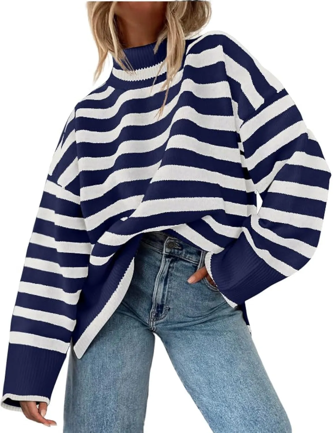 Fall Sweaters for Women Pullover Long Sleeve Turtleneck Striped Knit Tops Loose Casaul