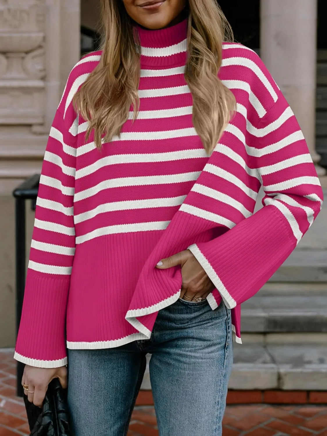 Fall Sweaters for Women Pullover Long Sleeve Turtleneck Striped Knit Tops Loose Casaul