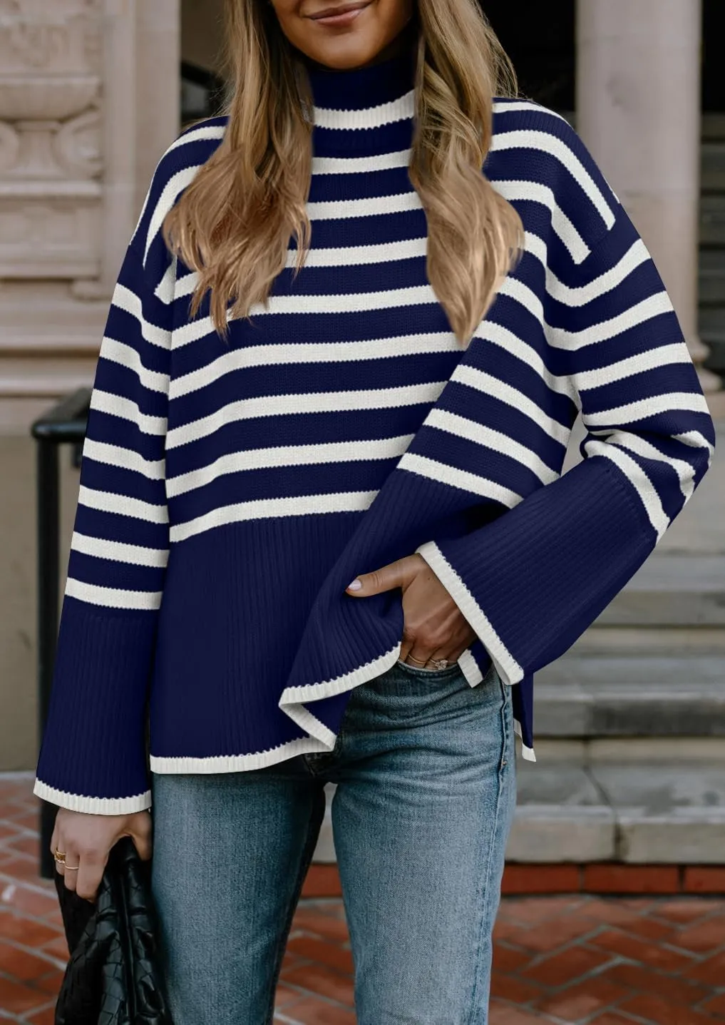 Fall Sweaters for Women Pullover Long Sleeve Turtleneck Striped Knit Tops Loose Casaul