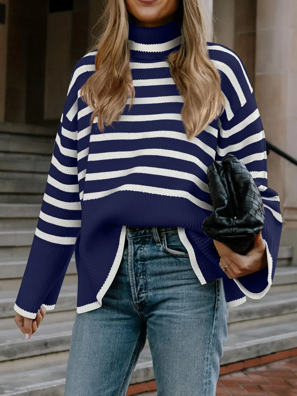 Fall Sweaters for Women Pullover Long Sleeve Turtleneck Striped Knit Tops Loose Casaul