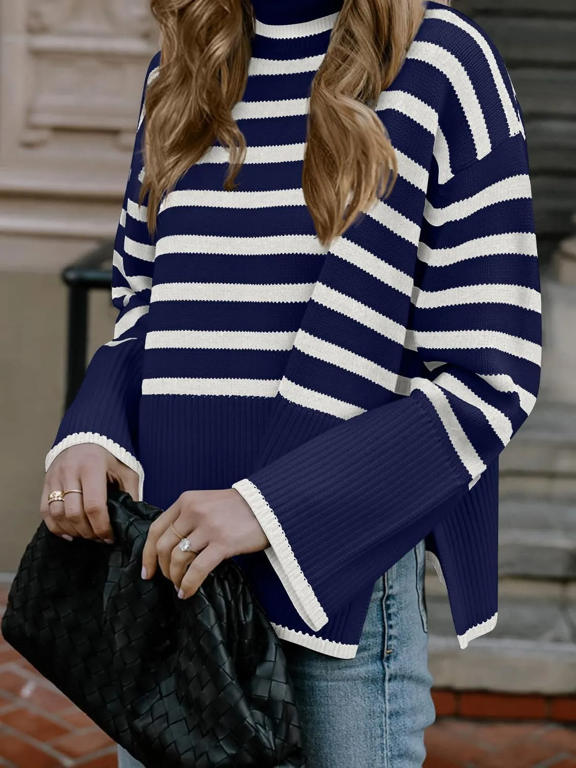 Fall Sweaters for Women Pullover Long Sleeve Turtleneck Striped Knit Tops Loose Casaul