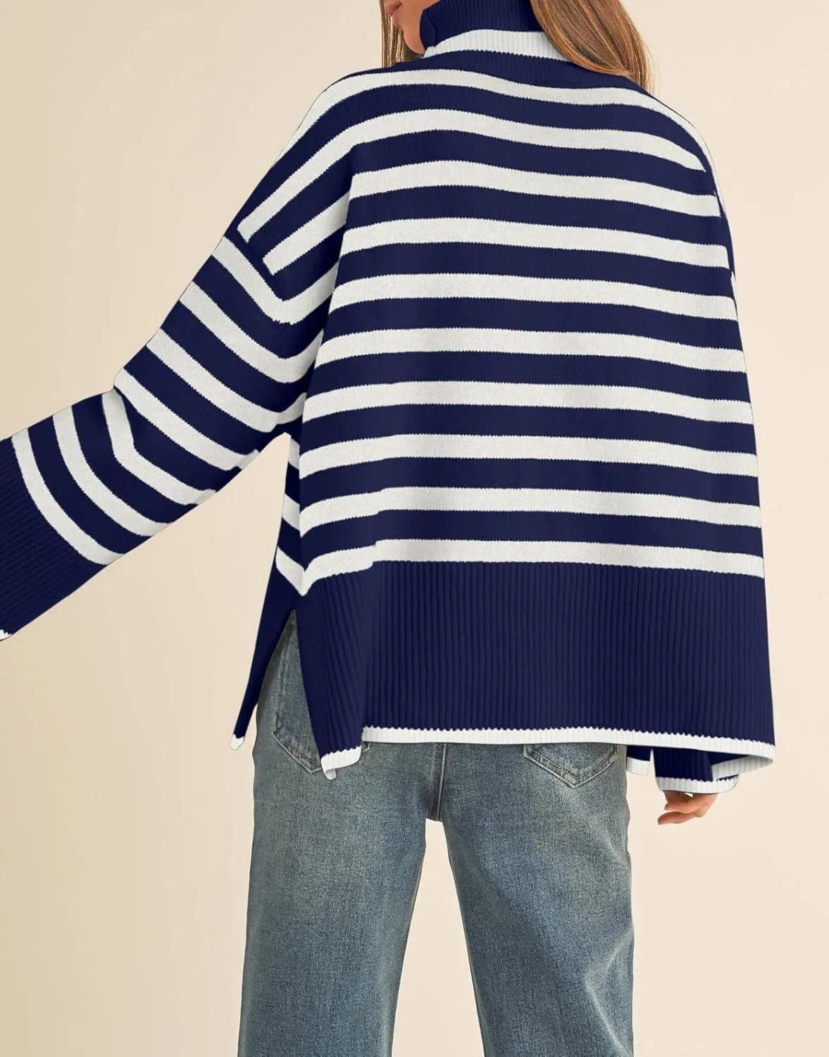 Fall Sweaters for Women Pullover Long Sleeve Turtleneck Striped Knit Tops Loose Casaul