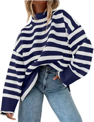 Fall Sweaters for Women Pullover Long Sleeve Turtleneck Striped Knit Tops Loose Casaul