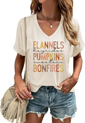 Fall V Neck T Shirt Funny Halloween Thanksgiving Graphic Tee Casual Family Halloween Costume Tops