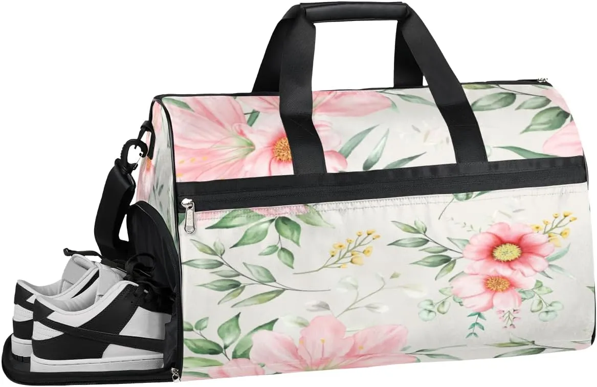 Flower Pattern Print Sports Gym Bag with Wet Pocket & Shoes Compartment Waterproof Workout Duffel Bag for Women and Men Weekender Overnight Duffle Bag Travel Carry-on Tote