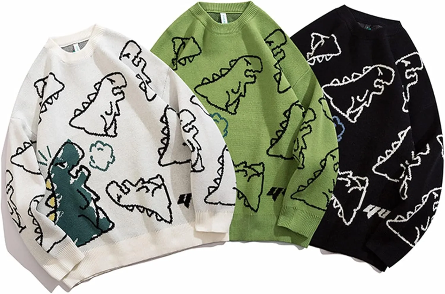 Flygo Women Dinosaur Knit Sweater Unisex Oversized Sweaters Casual Long Sleeve Pullover Jumper Knitwear