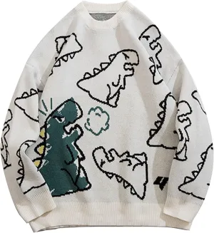 Flygo Women Dinosaur Knit Sweater Unisex Oversized Sweaters Casual Long Sleeve Pullover Jumper Knitwear
