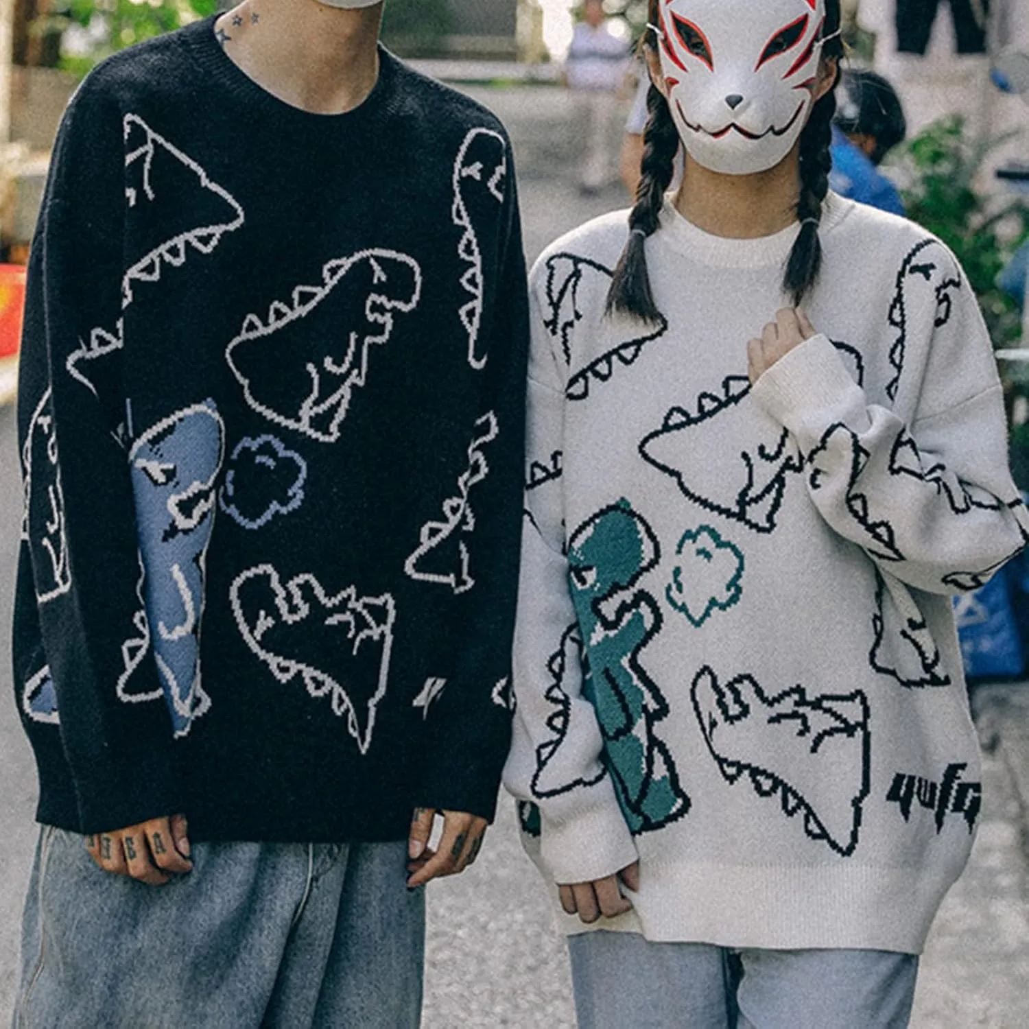 Flygo Women Dinosaur Knit Sweater Unisex Oversized Sweaters Casual Long Sleeve Pullover Jumper Knitwear