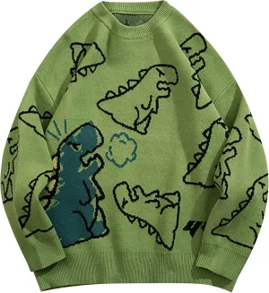 Flygo Women Dinosaur Knit Sweater Unisex Oversized Sweaters Casual Long Sleeve Pullover Jumper Knitwear