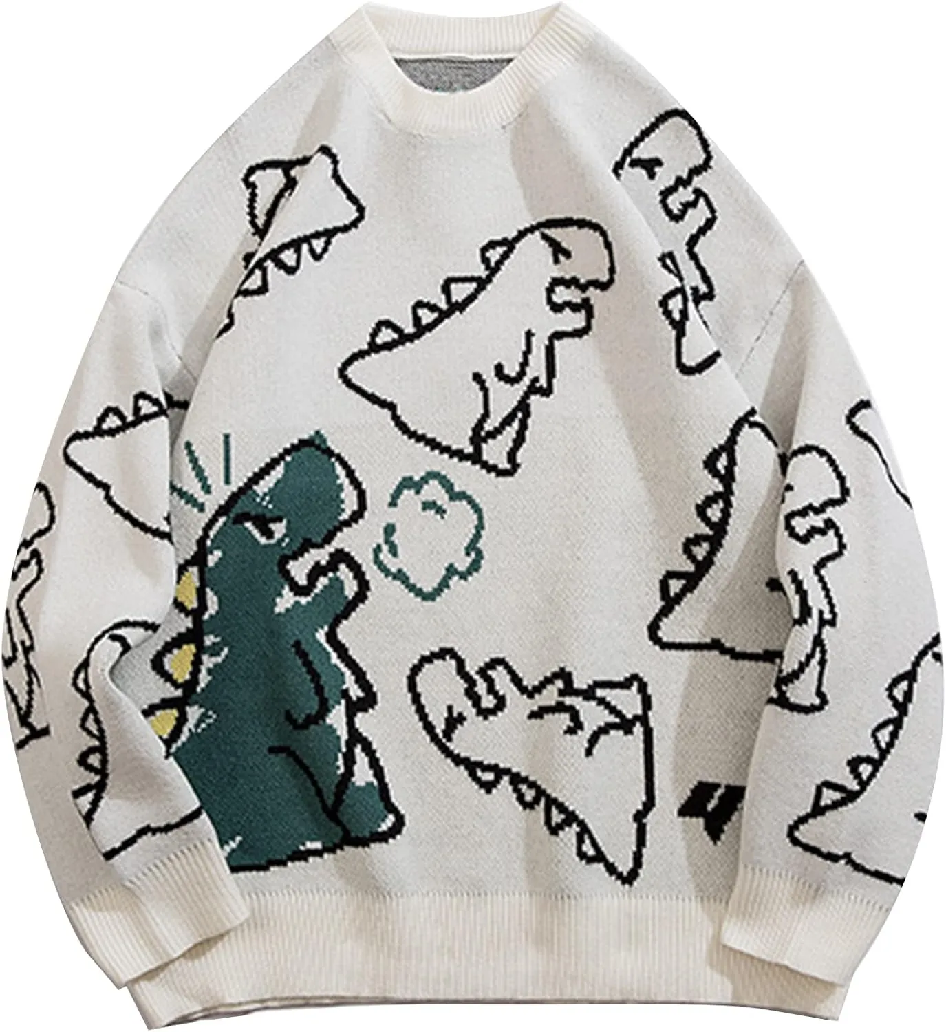 Flygo Women Dinosaur Knit Sweater Unisex Oversized Sweaters Casual Long Sleeve Pullover Jumper Knitwear