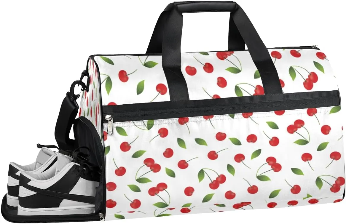 Fruit Cherry Leaves Sports Gym Bag with Wet Pocket & Shoes Compartment Waterproof Workout Duffel Bag for Women and Men Weekender Overnight Duffle Bag Travel Carry-on Tote