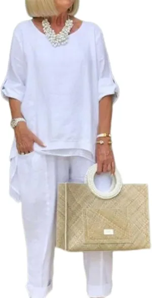 Geleglaer Womens Plus Size Cotton Linen Pant Suits Two Piece Sets Casual Baggy Crewneck Shirts Blouses and Palazzo Pants