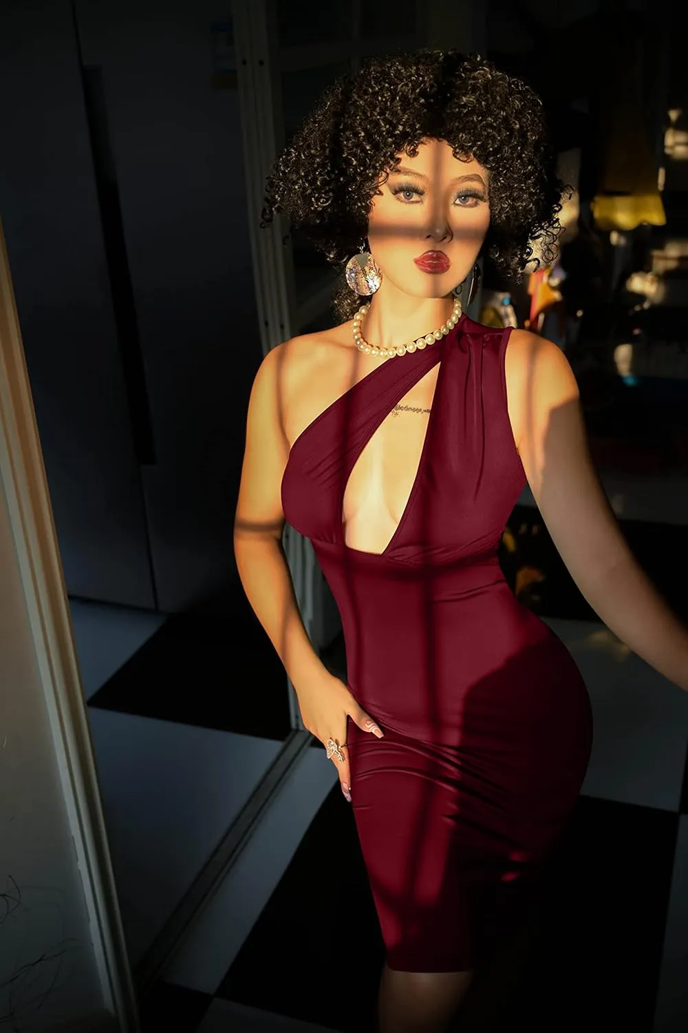 GOKATOSAU Women's Sexy One Shoulder Sleeveless Cut Out Party Club Midi Dress