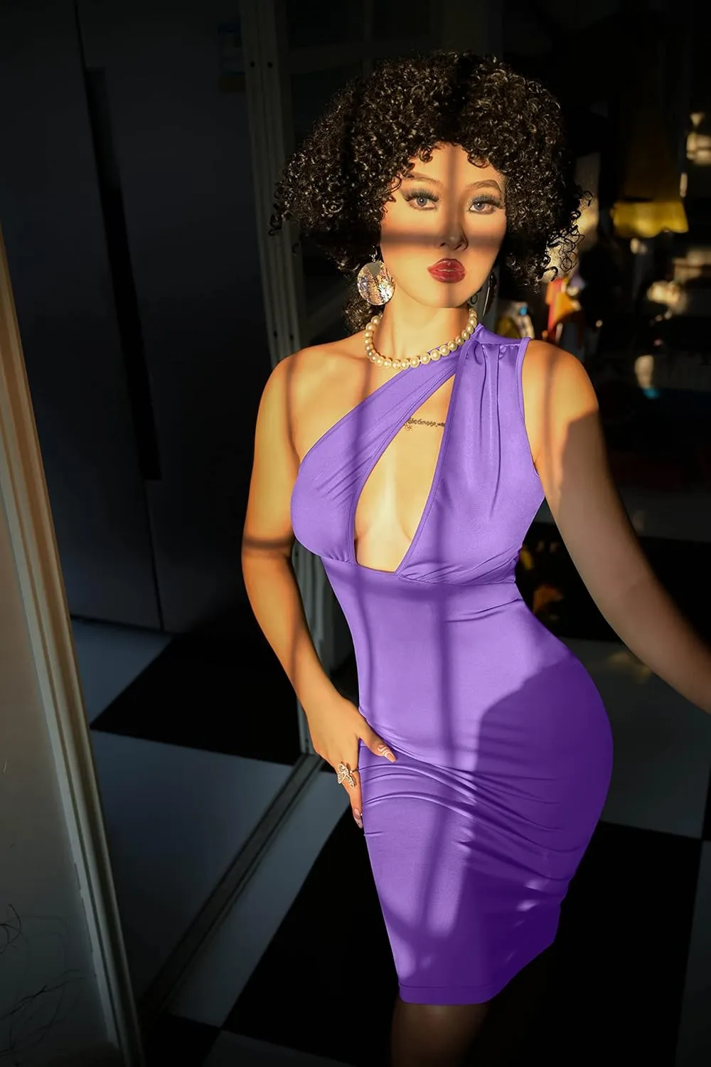 GOKATOSAU Women's Sexy One Shoulder Sleeveless Cut Out Party Club Midi Dress