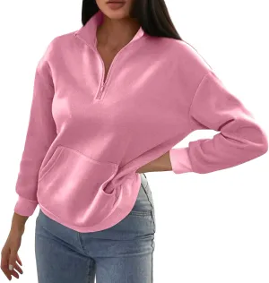 Gumipy Quarter Zip Pullover Women Stand Collar Fleece Oversized Sweatshirt Trendy Long Sleeve Half Zip Pullover with Pocket